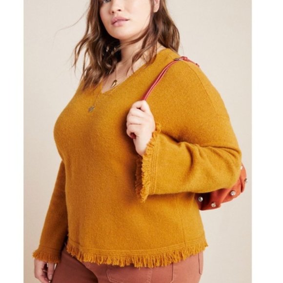 Anthropologie Sweaters - Anthropologie Joy Fringed V Neck Sweater Maize 1X
